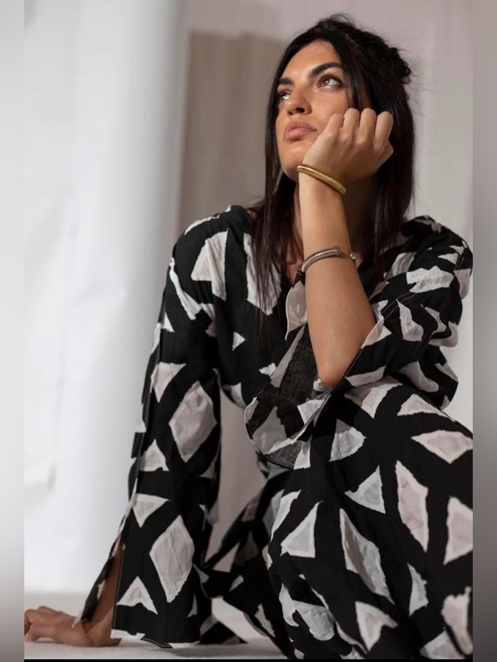 ANONYME Designers Patrice Geometric Black White Maxi Long Tie Waist Dress Small